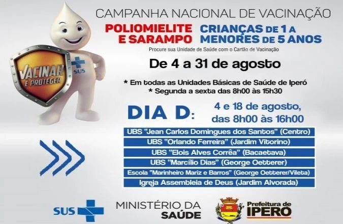 Campanha contra a Poliomielite e Sarampo começa neste sábado