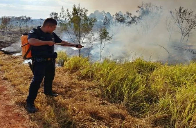 Sem motorista na prefeitura que soubesse operar caminhão pipa, GCMs e algumas pessoas do ICMBio apagam queimada usando abafadores e bombas de água manual