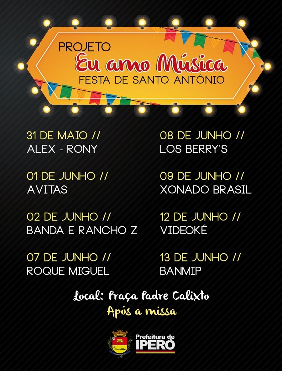 Projeto “Eu amo música” começa nesta sexta-feira na 76ª Festa de Santo Antônio