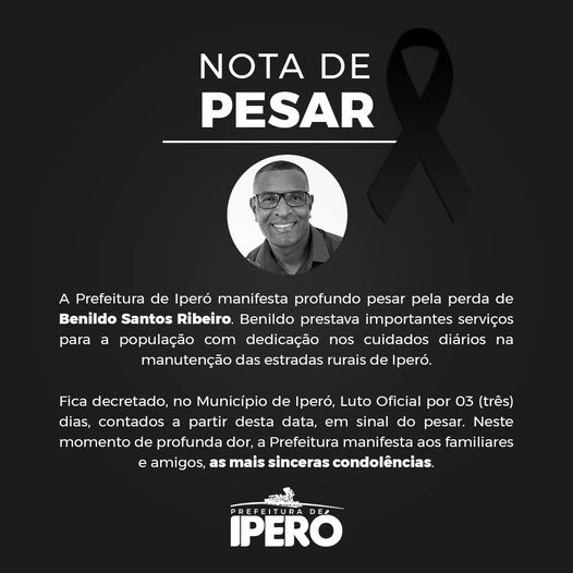 Prefeitura de Iperó decreta luto oficial de três dias pelo falecimento do ex-vereador Benildo