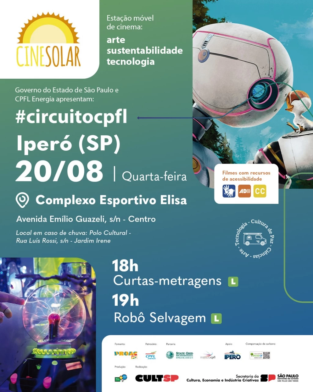 Furgão do CineSolar estaciona em Iperó com sessões de cinema movido a energia solar, pipoca e atrações de graça para todos