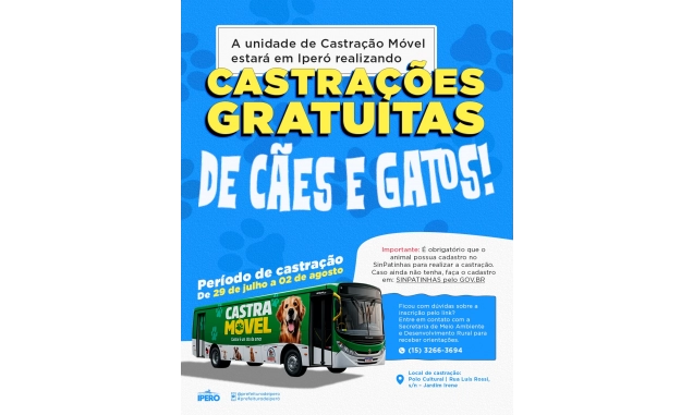 Prefeitura de Iperó abre inscrições para mais um mutirão de castração, que acontece entre os dias 29 de julho e 2 de agosto, no Polo Cultural